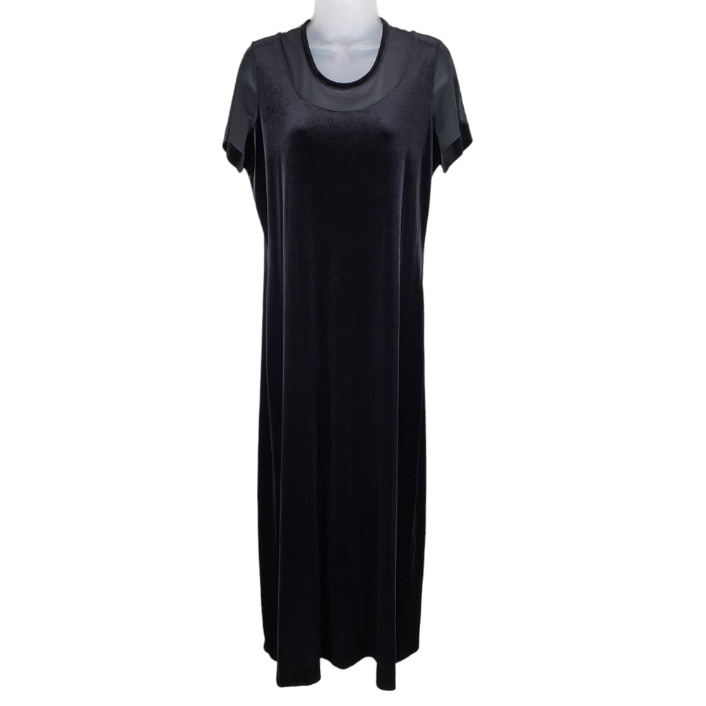 Vtg Velour Midi Dress 12 Black Short Sleeve Velvet Mesh Darkfairy Whimsigoth‎